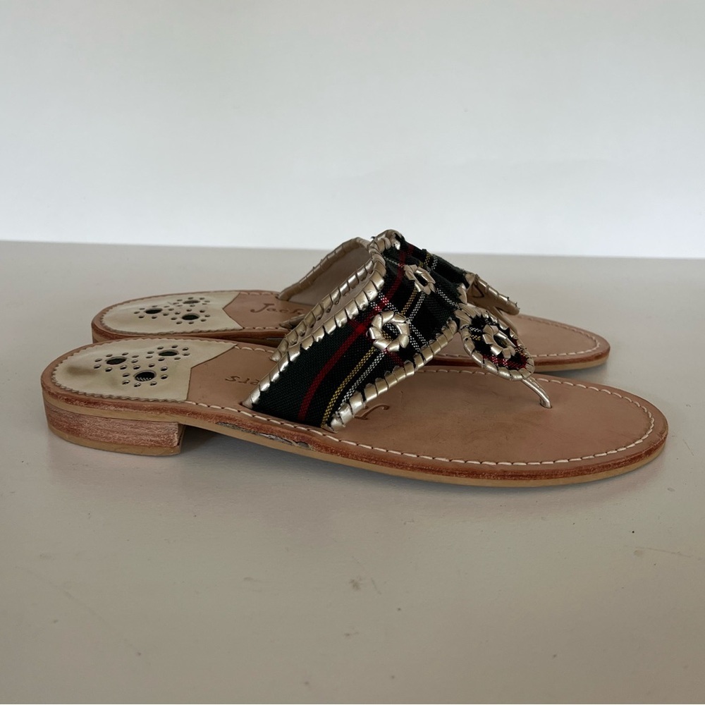 Jack Rogers 1960 Handmade Leather Green Tartan Gold Trim Plaid Flat Sandals, 9M - Picture 4 of 8